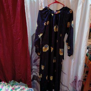 Long dark blue with let yellow pansies dress no size/brand tags ribbon belt med?